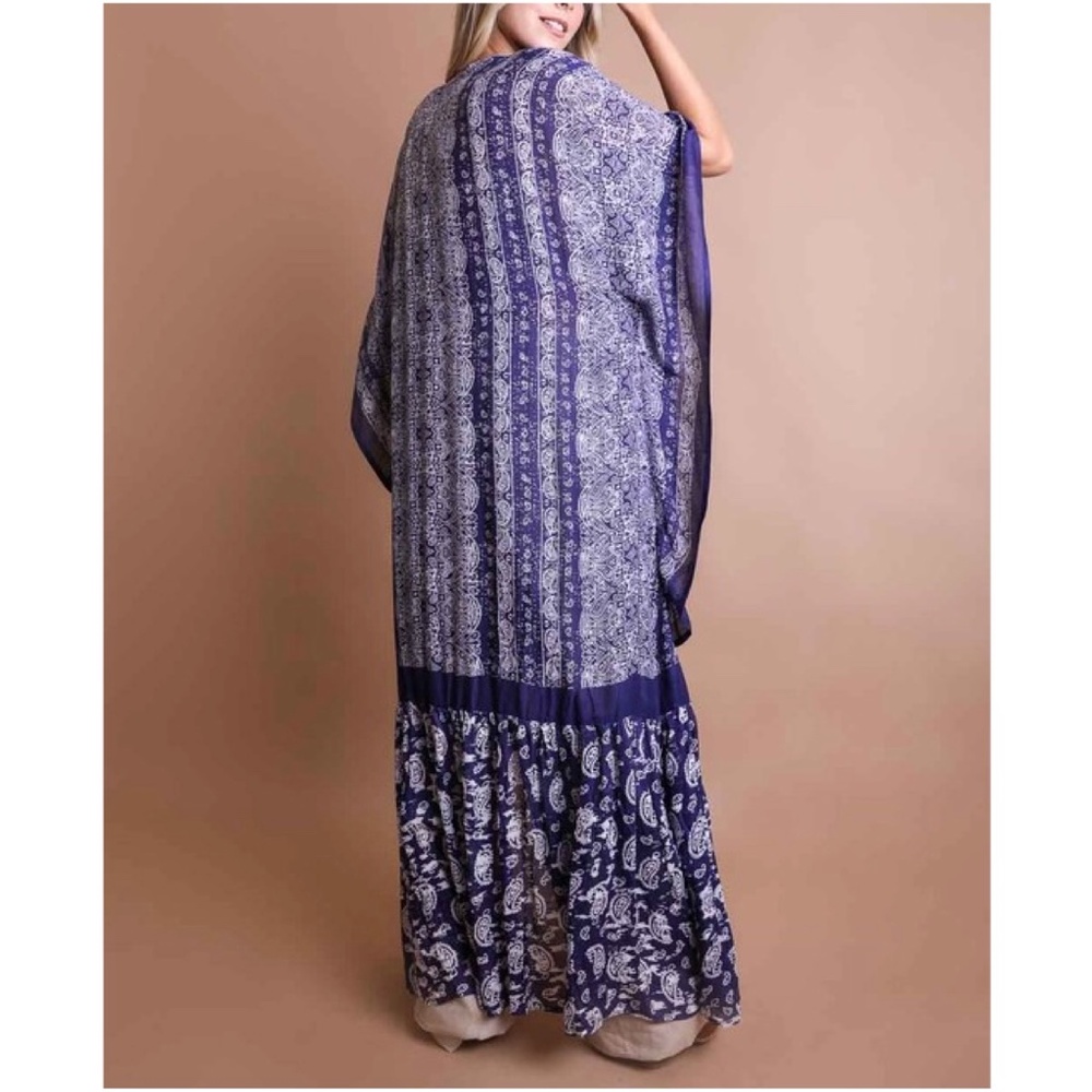 Bohemian Gypsy Purple Paisley Ruffle Long Kimono Cover up - Picture 5 of 6